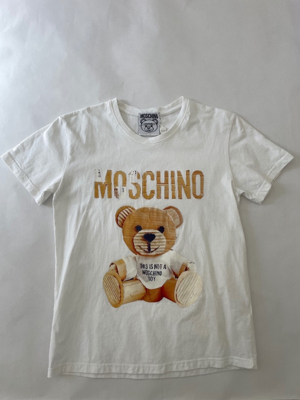 Moschino Couture Bear "This is Not a Toy" Graphic White T Shirt, Unisex Large